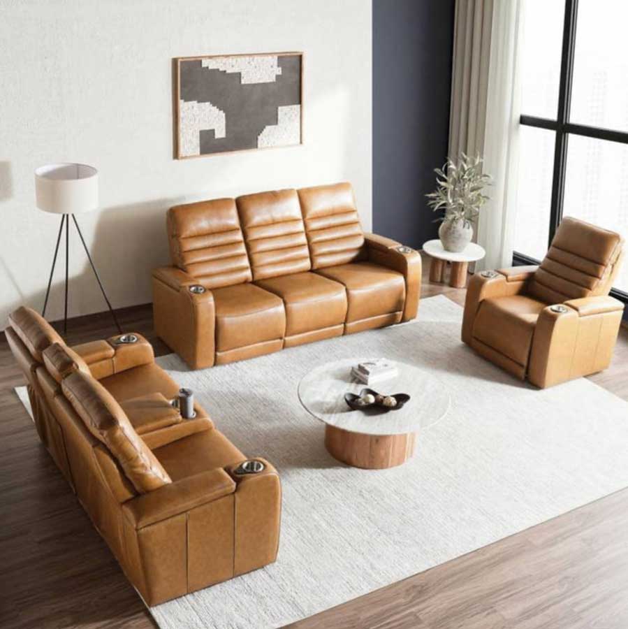 Creston genuine leather power recliner sofa set with double reclining seats, cup holders, and modern design, ideal for home theatre and living rooms, available at Accents@Home Furniture stores in Metro Vancouver, Calgary, and Edmonton