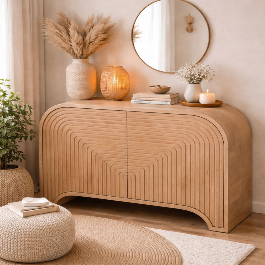 Sorina Reverse Fluted Light Brown Wood Accent Cabinet - Hygge Design House